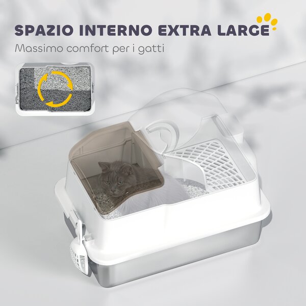 PawHut Lettiera per Gatti Chiusa con 2 Tappetini, in Acciaio Inox, ABS e PP, 60.5x40.5x42 cm, Bianca e Argento | Aosom Italy