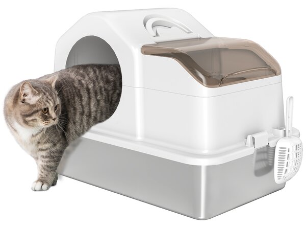 Lettiera per Gatti Chiusa 60,5x40,5x42 cm con 2 Tappetini Base in Acciaio Inox Bianca e Argento