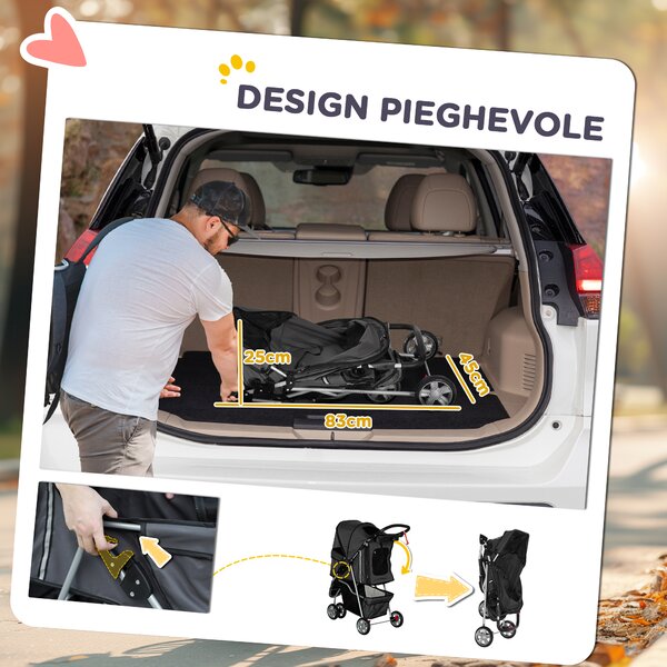 PawHut Passeggino Pieghevole per Cani con Portabicchieri e Cestino, Carrello in Acciaio e Poliestere, 75x45x97 cm, Grigio Carbone | Aosom Italy