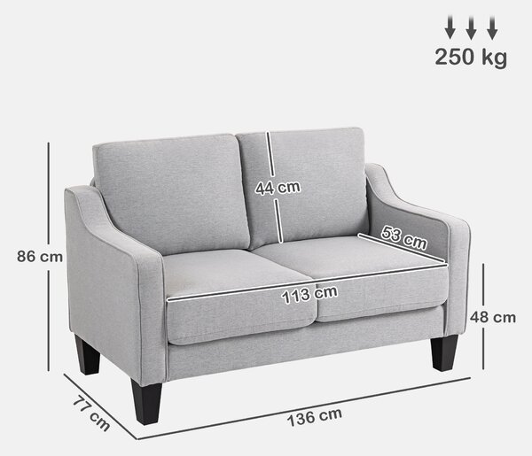 HOMCOM Divano Moderno e Salvaspazio 2 Posti in Tessuto Effetto Lino, 136x77x86 cm, Grigio Chiaro | Aosom Italy