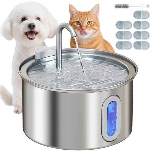 Fontanella per Gatti Ø19,4x18,7 cm Capacità 2,5L con Luce LED e 2 Modalità di Flusso in Acciaio Inox Argento