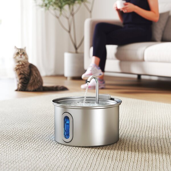 Fontanella per Gatti Ø19,4x18,7 cm Capacità 2,5L con Luce LED e 2 Modalità di Flusso in Acciaio Inox Argento