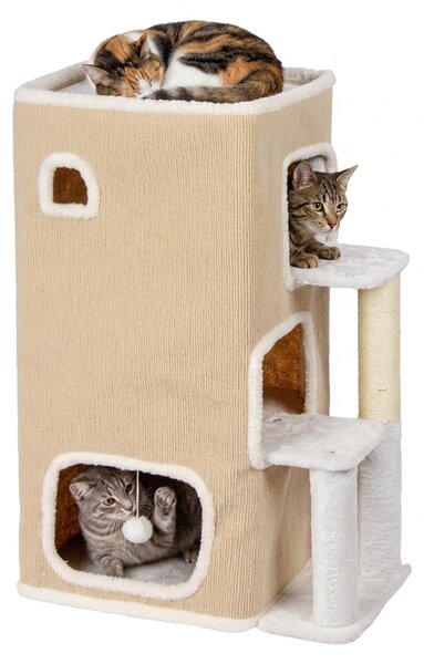 Relaxdays, rifugio per gatti a 3 piani, con tunnel, gioco a sfera e tiragraffi, dimensioni: 83,5 x 43 x 34 cm, rifugio per animali domestici da interno, tessuto, color beige