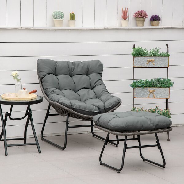 Outsunny Poltrona da Relax in Rattan con Sgabello per Giardino Poltrona in Rattan da Esterno con Cuscino in Acciaio Poliestere Grigio 69 x 76 x 70 cm | Aosom Italy