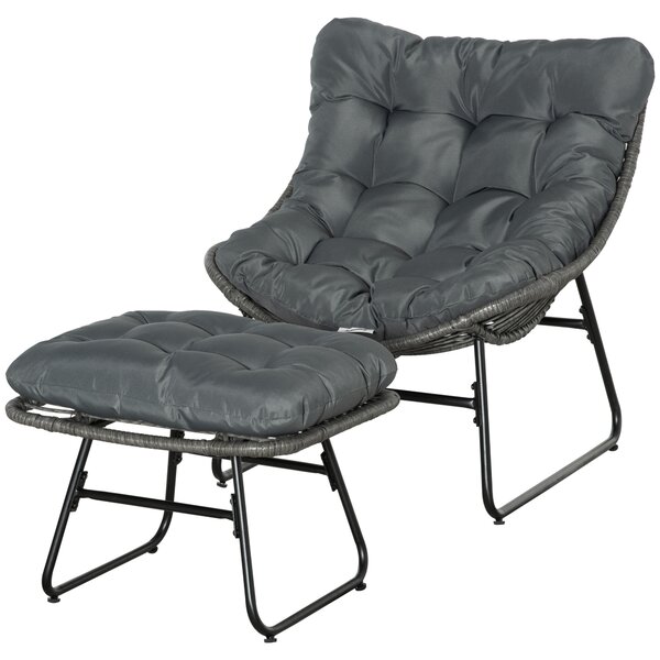 Outsunny Poltrona da Relax in Rattan con Sgabello per Giardino Poltrona in Rattan da Esterno con Cuscino in Acciaio Poliestere Grigio 69 x 76 x 70 cm | Aosom Italy