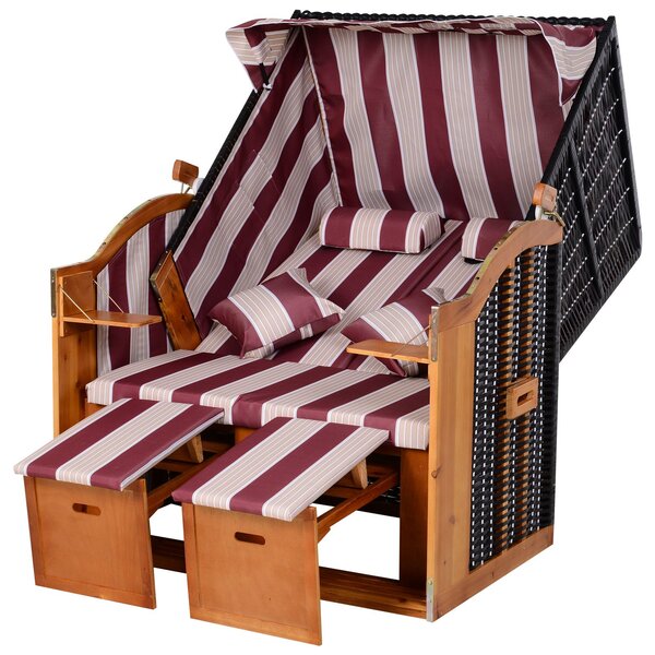 Outsunny Strandkorb Ostsee Volllieger 2 Posti Sedie da Spiaggia in Legno di Pino, Schienale Regolabile su 5 Livelli, Sedia da Spiaggia con Poggiapiedi e Tavolini Laterali, Intreccio PE, Sedia da Spiaggia per Balcone, Rosso+Bianco | Aosom Italy