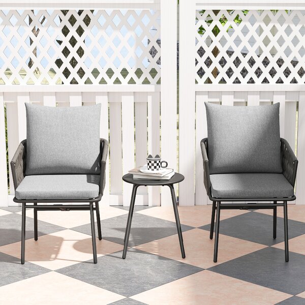 Outsunny Set di Mobili da Esterno 3 pezzi, 2 Sedie, 1 Tavolo, Set Bistrò, Rattan Sintetico, Struttura in Acciaio, Tavolo in Metallo, 4 Cuscini, Grigio | Aosom Italy