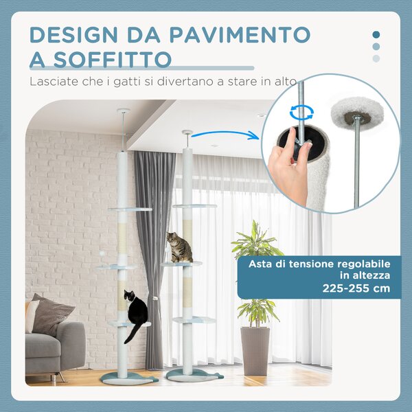 PawHut Albero Tiragraffi per Gatti a Soffitto con Palo Regolabile da 225-255 cm, Pallina e Piattaforme, Bianco | Aosom Italy