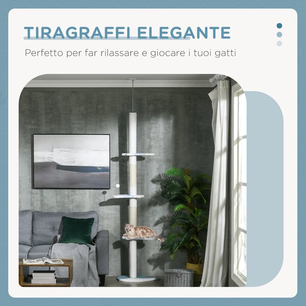 PawHut Albero Tiragraffi per Gatti a Soffitto con Palo Regolabile da 225-255 cm, Pallina e Piattaforme, Bianco | Aosom Italy