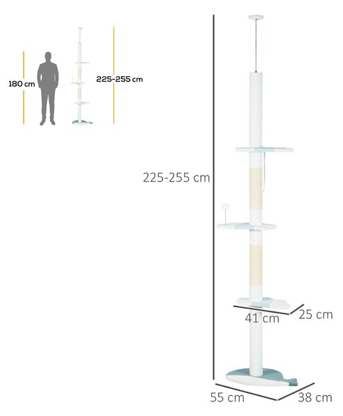 PawHut Albero Tiragraffi per Gatti a Soffitto con Palo Regolabile da 225-255 cm, Pallina e Piattaforme, Bianco | Aosom Italy