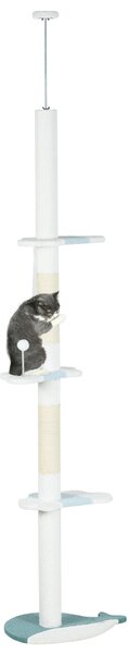 Albero Tiragraffi per Gatti a Soffitto con Palo Regolabile da 225-255 cm in Peluche Bianco