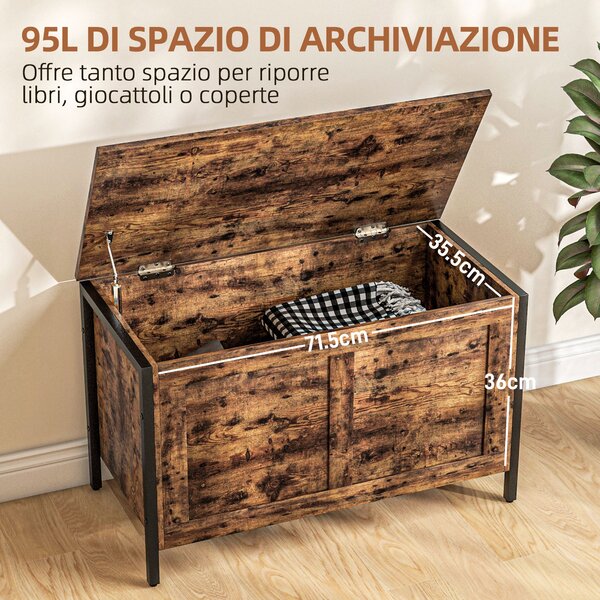 HOMCOM Cassapanca in Legno da 95L Stile Industriale con Coperchio e Cerniera di Sicurezza, 80x40x49cm, Marrone