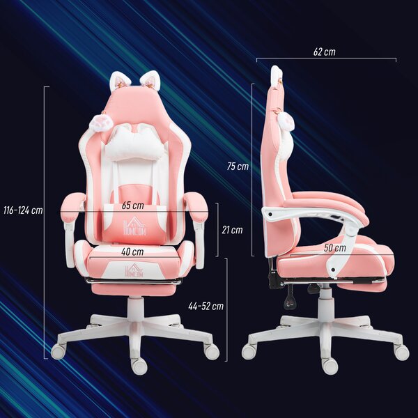 HOMCOM Sedia da Gaming Ergonomica con Orecchie da Gatto, Poggiapiedi, Supporto Lombare e Cervicale, Rosa