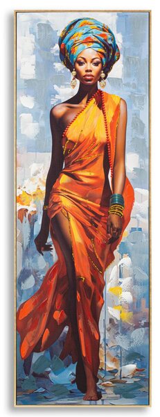 Dipinto su tela, quadro con CORNICE in metallo dorato. DAPHNE -B- Dimensioni 52x4,5x h 152 cm decoro raffigurante una donna in costumi tradizionali