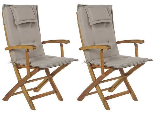 Set di 2 sedie da giardino in legno con cuscini grigio/beige Beliani