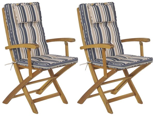 Set di 2 sedie da giardino in legno con cuscini a righe blu Beliani