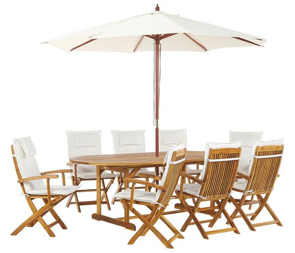 Set da giardino in legno con cuscini bianco crema con ombrellone Beliani