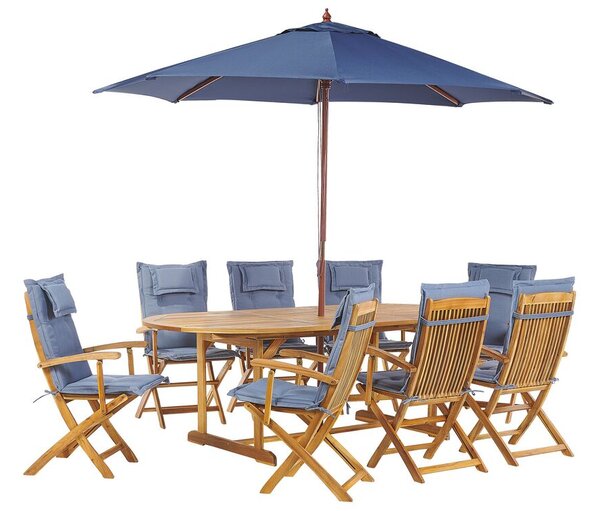 Set da giardino in legno 8 posti con cuscini blu e ombrellone Beliani