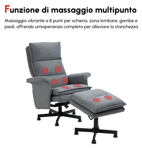 HOMCOM Poltrona Relax Massaggiante con Pouf e Telecomando, 8 Punti Massaggio e 5 Programmi, Grigio|Aosom