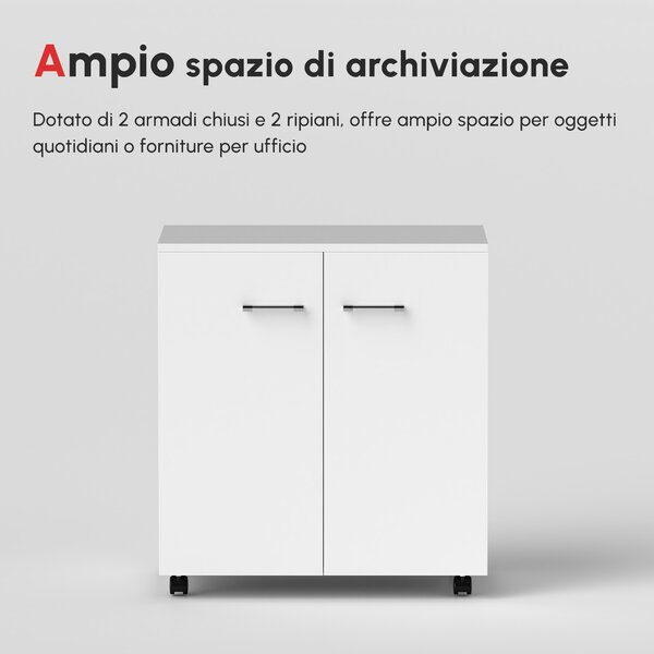 HOMCOM Mobile TV Moderno Multiuso in Legno con 4 Ruote e Freni, 2 Ante con 2 Ripiani, per Soggiorno e Ufficio, 60x35x65 cm, Bianco | Aosom Italy
