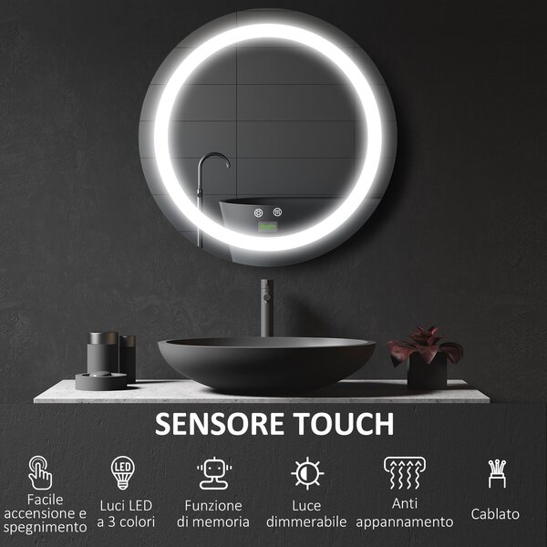 Kleankin Specchio Bagno Rotondo con Luce LED Regolabile e Funzione Anti Appannamento, Ø50cm