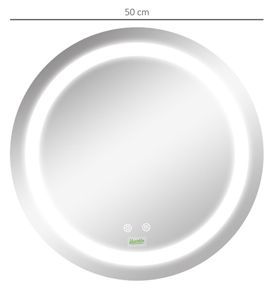 Kleankin Specchio Bagno Rotondo con Luce LED Regolabile e Funzione Anti Appannamento, Ø50cm