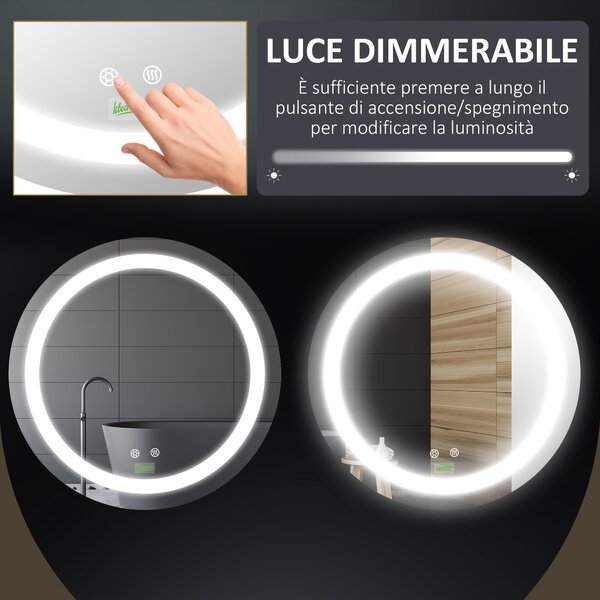 Kleankin Specchio Bagno Rotondo con Luce LED Regolabile e Funzione Anti Appannamento, Ø50cm