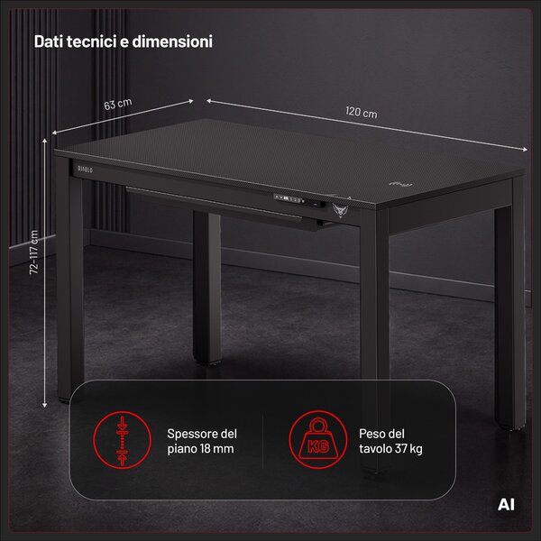 Scrivania gaming elettrica, 120x63 cm: Diablo X-RIFT nero