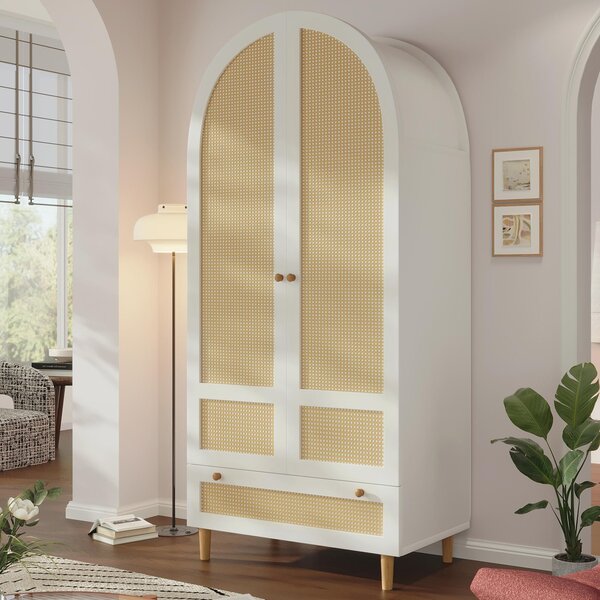 Armadio STILVORA, 80x50x180 cm, con aspetto rattan, armadio per biancheria con asta appendiabiti e cassetto, armadio da ingresso con design ad arco, bianco