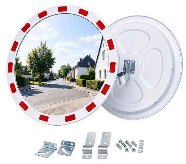 Specchio di sicurezza Relaxdays, diametro 30 cm, con supporto a tubo, bordatura riflettente, per uso esterno, forma circolare, colore bianco/rosso