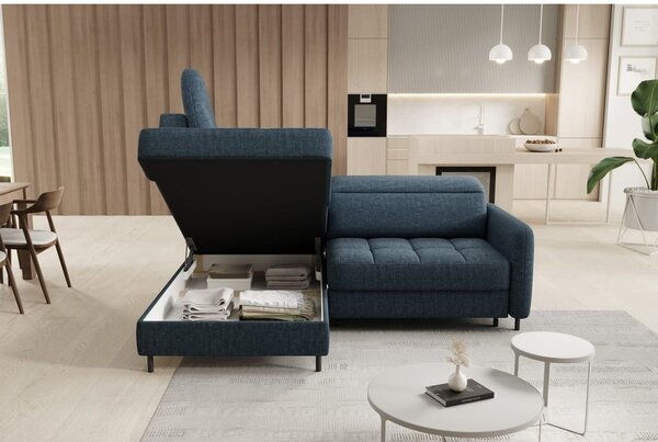 Divano angolare blu allungabile/con contenitore (con penisola a sinistra/a L) e rivestimento in velluto Barea – ELTAP