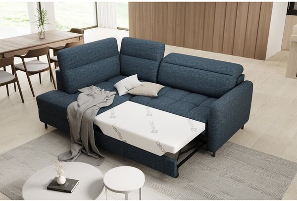 Divano angolare blu allungabile/con contenitore (con penisola a sinistra/a L) e rivestimento in velluto Barea – ELTAP