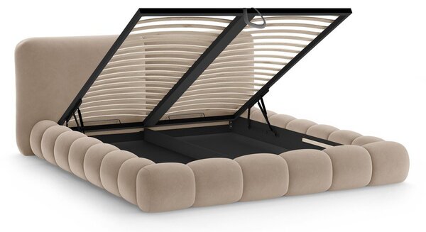 Letto matrimoniale imbottito marrone chiaro con contenitore con rete inclusa 200x200 cm Solange – Micadoni