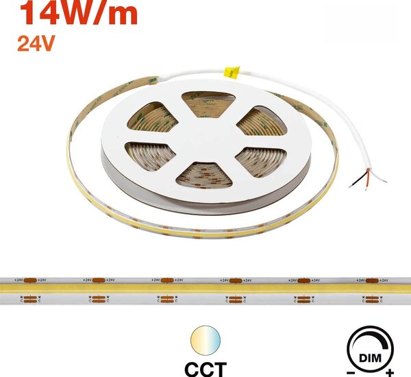 Striscia LED COB CCT Bianco Variabile 24V 14W/m Professionale - IP20 - 5 metri
