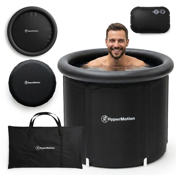 Vasca da bagno portatile per bagni freddi, modello HyperMotion, capacità 330 litri, colore nero, con coperchio gonfiabile isolante, tubo di scarico e borsa per il trasporto