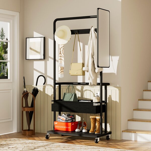 STILVORA Appendiabiti con rotelle per un utilizzo versatile e un facile trasporto, appendiabiti in metallo con ampio spazio di stivaggio e cestino per tenere tutto in , appendiabiti dal design 3 in 1 con specchio incluso