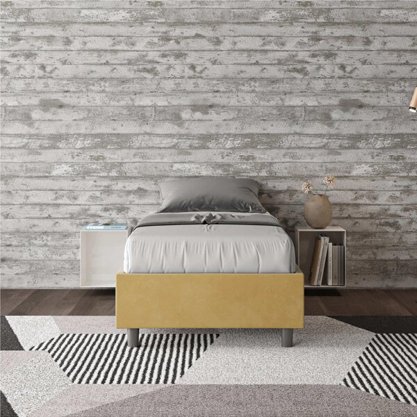 Letto Singolo senza rete imbottito con giroletto imbottito. Modello AZELIA Dimensioni 80x190 cm Posizionabile in Poco Spazio Essenziale Colore Ocra