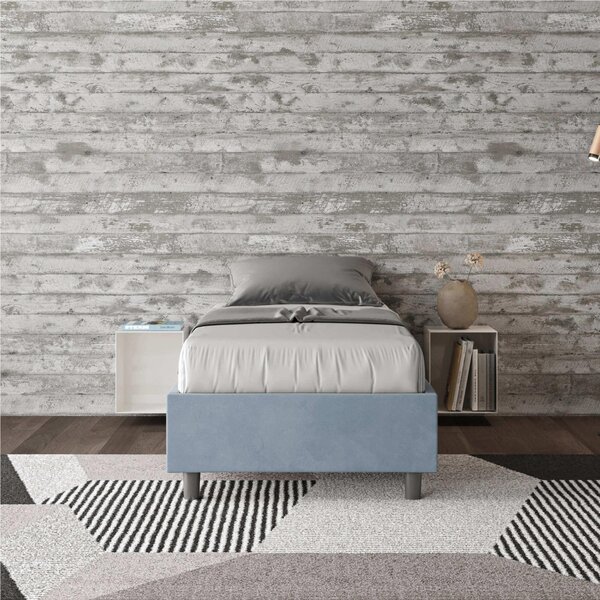 Letto Singolo senza rete imbottito con giroletto imbottito. Modello AZELIA Dimensioni 80x190 cm Posizionabile in Poco Spazio Essenziale Colore Azzurro
