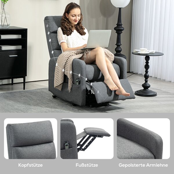 HOMCOM Poltrona relax elettrica con alzata assistita, telecomando, schiuma morbida, tasca laterale, rivestimento effetto lino, grigio | Aosom Italy