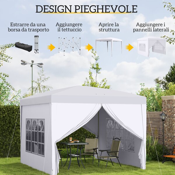 Outsunny Gazebo 3x3 m Pieghevole e Impermeabile con Pannelli Laterali, in Acciaio e tessuto Oxford, Bianco | Aosom Italy