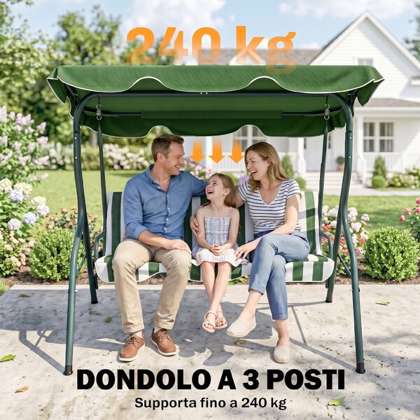 Outsunny Dondolo Giardino 3 Posti con Tettuccio Regolabile e Cuscini, Dondolo da Esterno in Acciaio e Poliestere, 170x110x153 cm, Verde | Aosom Italy