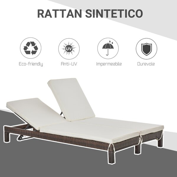 Outsunny Lettino Prendisole a 2 Posti, Sdraio in Acciaio e Rattan, Schienale Regolabile, 195 x 120 x 28cm Marrone e Bianco Crema|Aosom