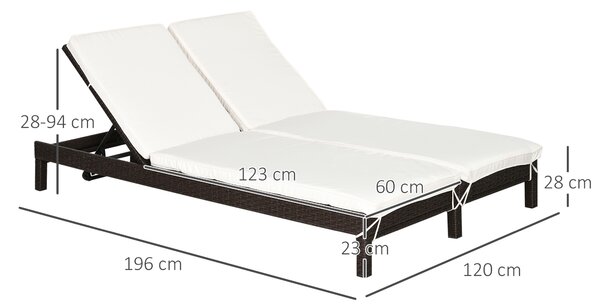 Outsunny Lettino Prendisole a 2 Posti, Sdraio in Acciaio e Rattan, Schienale Regolabile, 195 x 120 x 28cm Marrone e Bianco Crema|Aosom