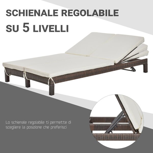 Outsunny Lettino Prendisole a 2 Posti, Sdraio in Acciaio e Rattan, Schienale Regolabile, 195 x 120 x 28cm Marrone e Bianco Crema|Aosom