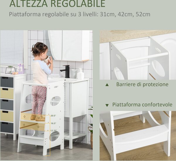 HOMCOM Torre di Apprendimento Montessoriana Regolabile in Altezza con 3 Livelli per Bambini in Legno MDF Bianco Ideale per Sviluppo e Sicurezza|Aosom