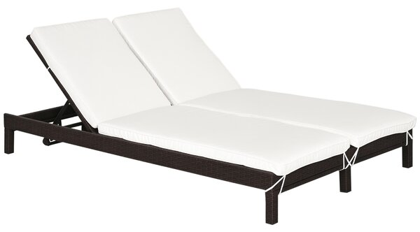 Outsunny Lettino Prendisole a 2 Posti, Sdraio in Acciaio e Rattan, Schienale Regolabile, 195 x 120 x 28cm Marrone e Bianco Crema|Aosom