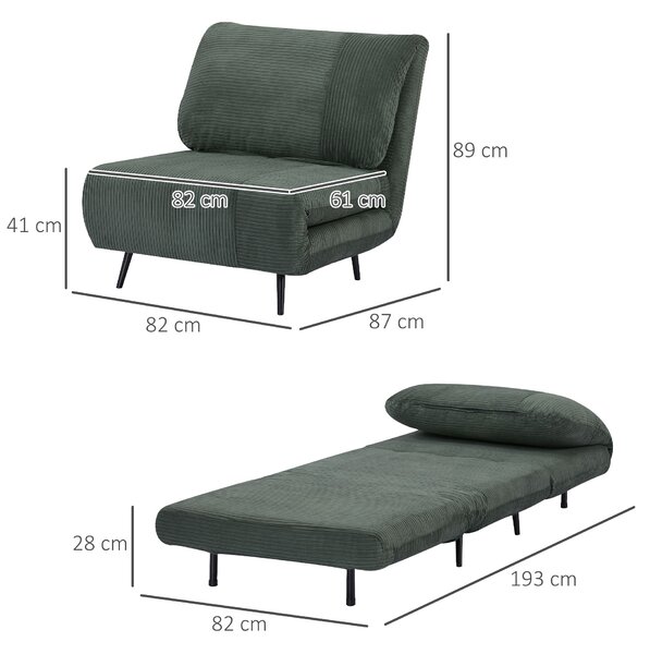 HOMCOM Poltrona Letto 2 in 1 Singola, Schienale Regolabile su 3 Livelli e Imbottito, Struttura in Legno e Acciaio|Aosom
