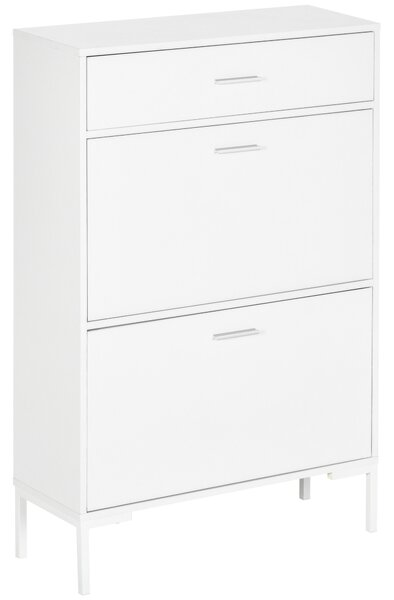 HOMCOM Mobile Scarpiera Moderno per 12 Paia di Scarpe con 2 Ante a Ribalta e Cassetto, in Truciolato, MDF e Metallo, 76x26x110 cm, Bianco|Aosom