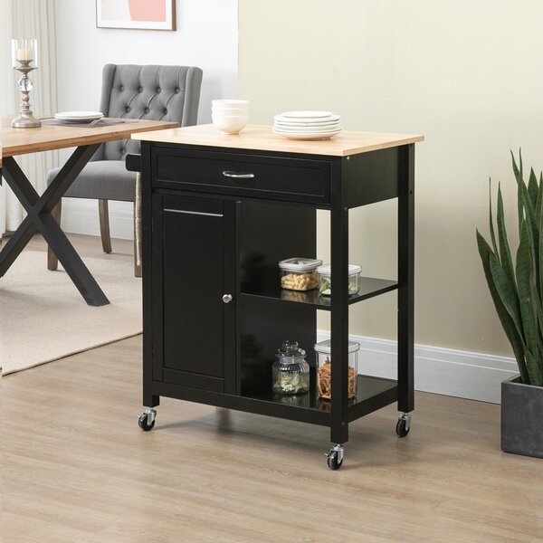 HOMCOM Carrello Cucina in Legno con Cassetto, Armadietto e 2 Ripiani Aperti, Mensola Regolabile, 2 Ruote con Freno, 83x45x88 cm, Nero | Aosom Italy