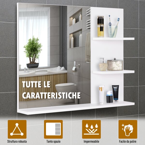 Kleankin Mobiletto pensile da bagno con specchio e 3 ripiani, 60x10x48 cm, Bianco | Aosom Italy